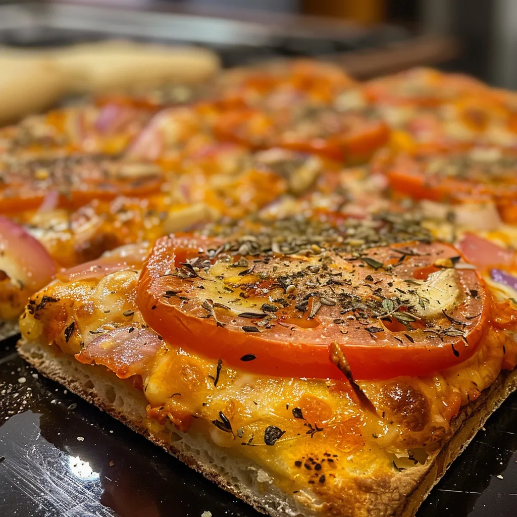 Vista lateral de una pizza casera recién hecha, con queso y salchichas.