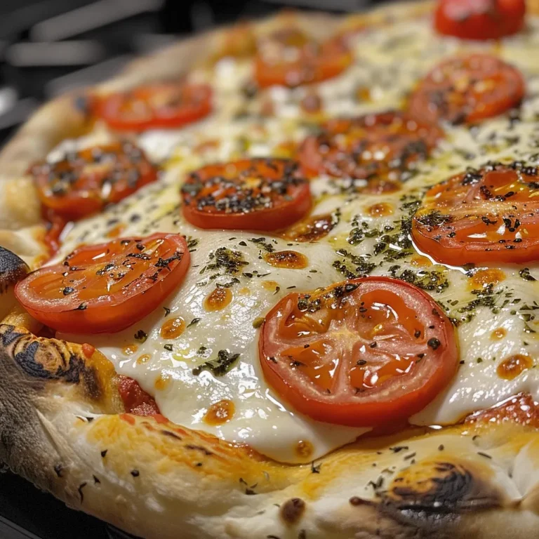 Pizza de mozzarella decorada con tomates cherry y orégano.