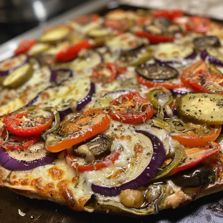 Pizza de verduras asadas con berenjenas, pimientos y cebollas, vista lateral.