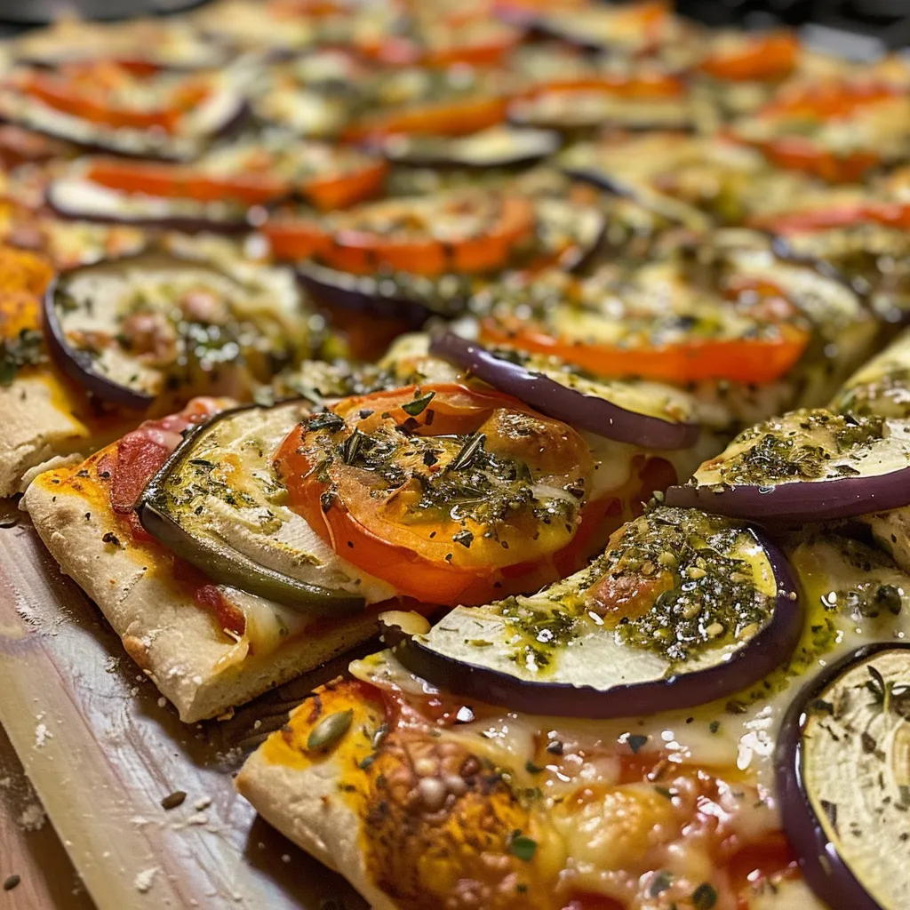Primer plano de una pizza de verduras asadas, mostrando sus ingredientes frescos.