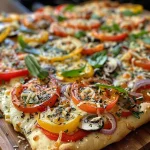 Pizza de verduras con capas coloridas de pimientos, cebolla y champiñones.