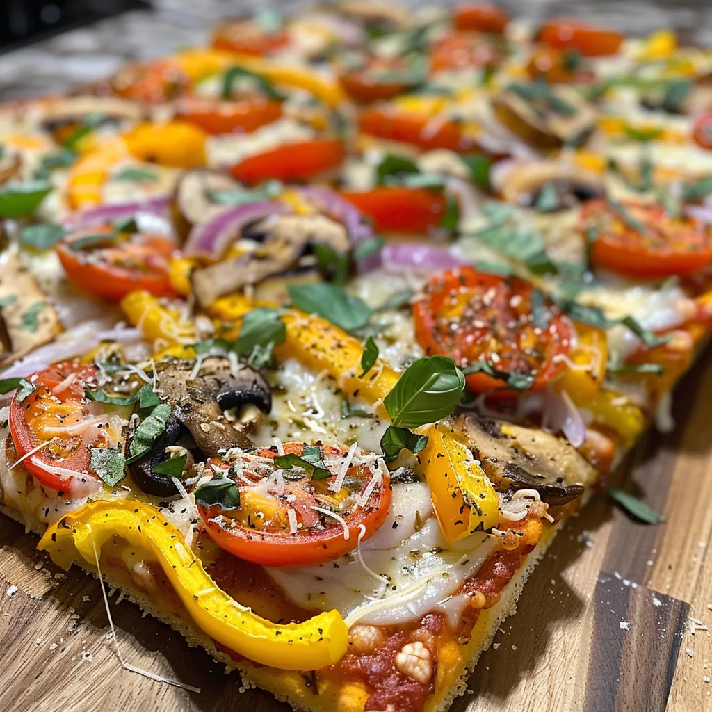 Vista lateral de una pizza cargada de verduras frescas y queso derretido.