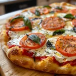Pizza Margherita con queso mozzarella y albahaca fresca.