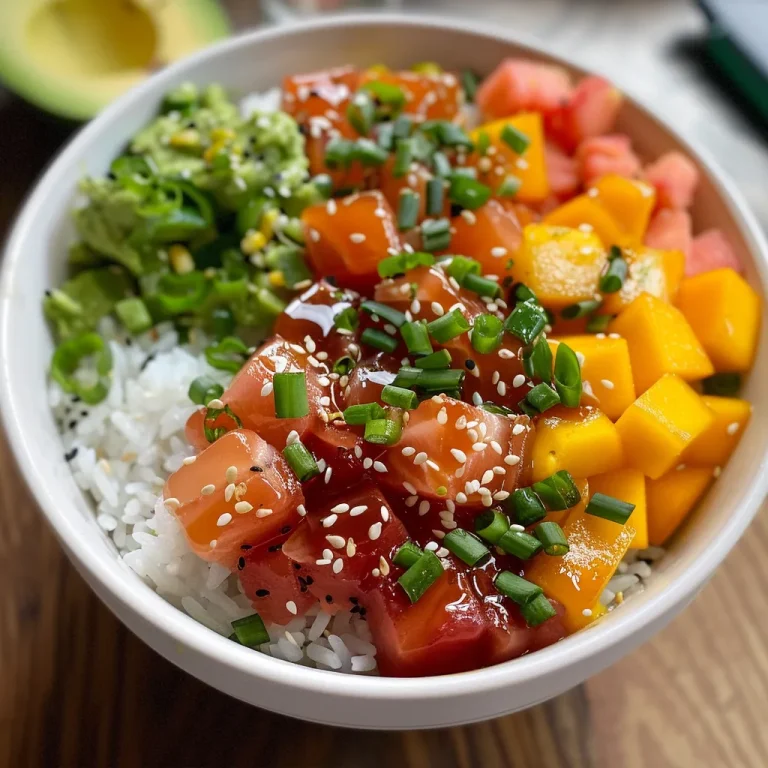 Poke bowl de atún con mayonesa picante, visto de lado, lleno de ingredientes frescos.