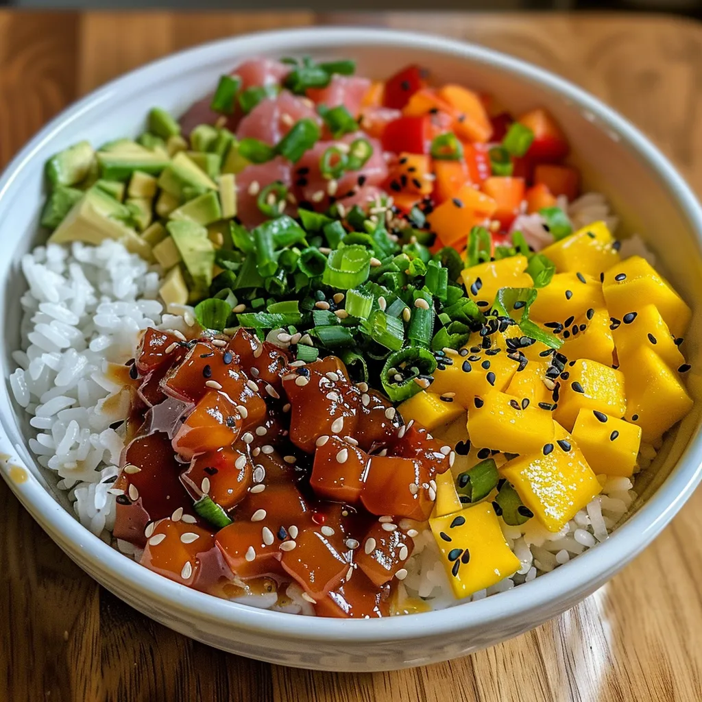 Primer plano de un poke bowl de atún, mostrando arroz y verduras frescas.