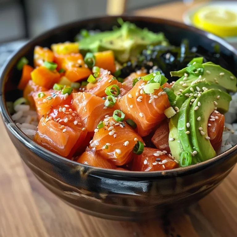 Un Poke Bowl de Salmón y Aguacate, con ingredientes frescos y colores vibrantes.