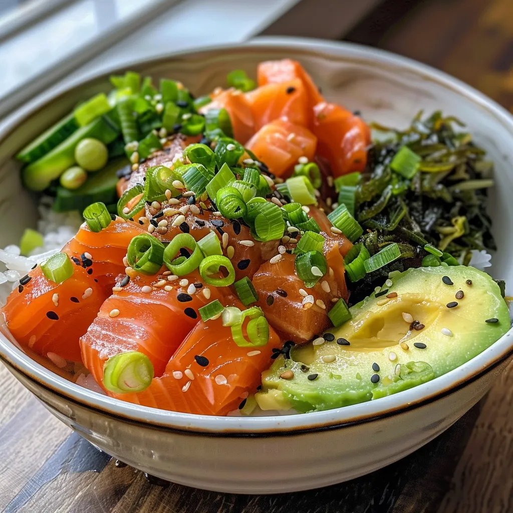 Primer plano de un Poke Bowl que incluye salmón fresco y rodajas de aguacate.