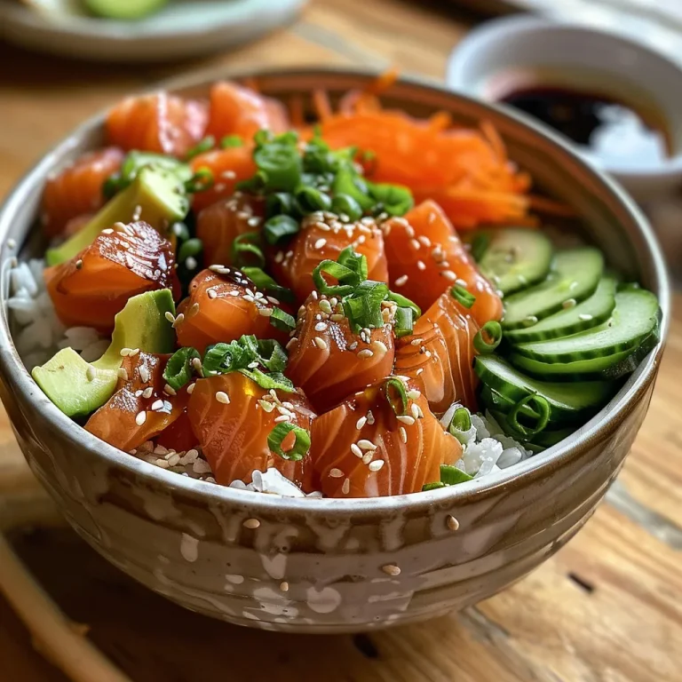 Primer plano de un Poke Bowl de salmón con trozos de aguacate y verduras frescas.