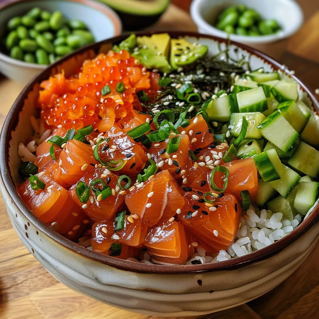 Vista lateral de un Poke Bowl de salmón, mostrando ingredientes coloridos y texturas.