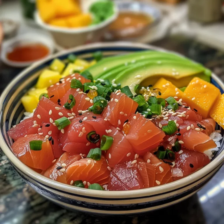Tazón de poke de atún fresco con ingredientes coloridos.