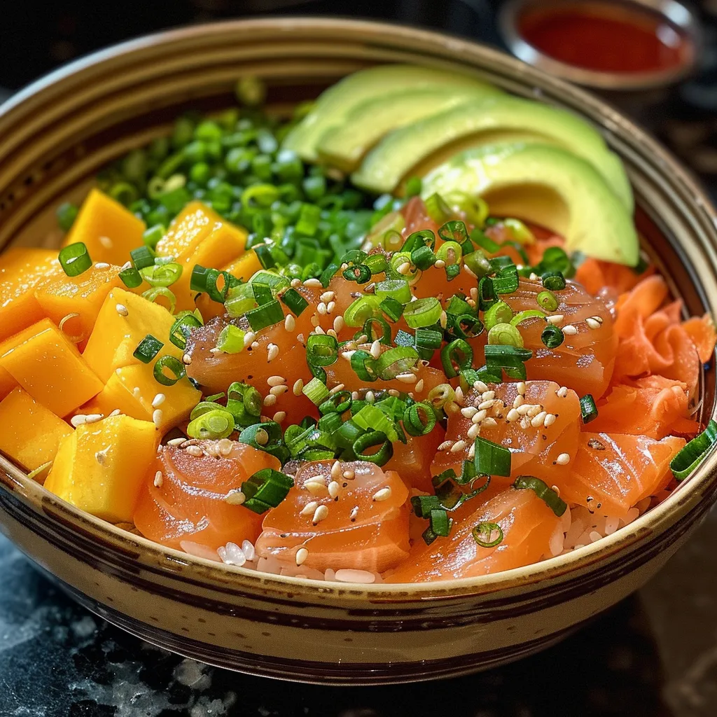 Close up de un poke bowl de atún con mango y aguacate.