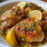 Fotografía lateral de un delicioso Pollito en Salsa de Limón en un plato.