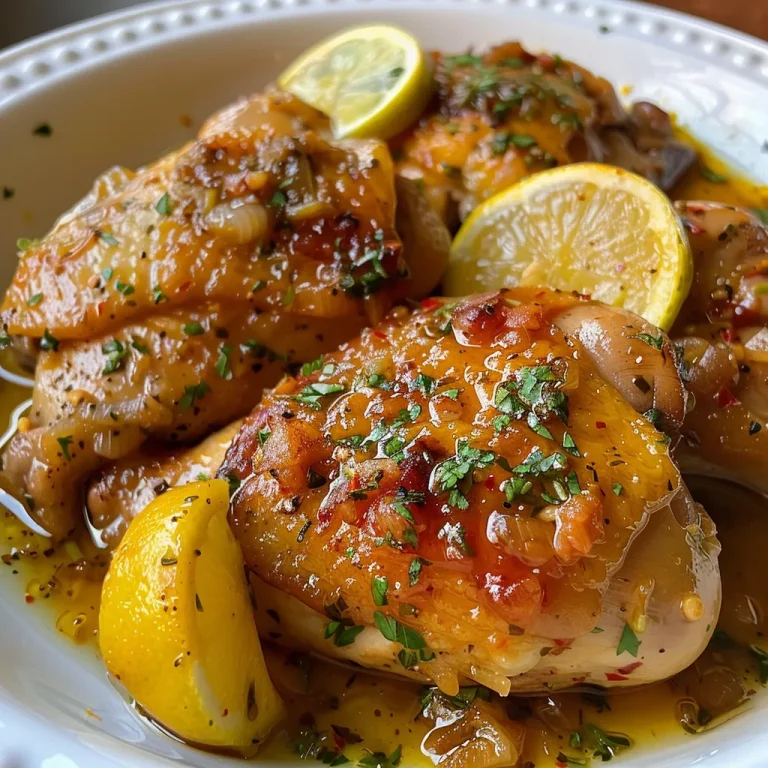Fotografía lateral de un delicioso Pollito en Salsa de Limón en un plato.