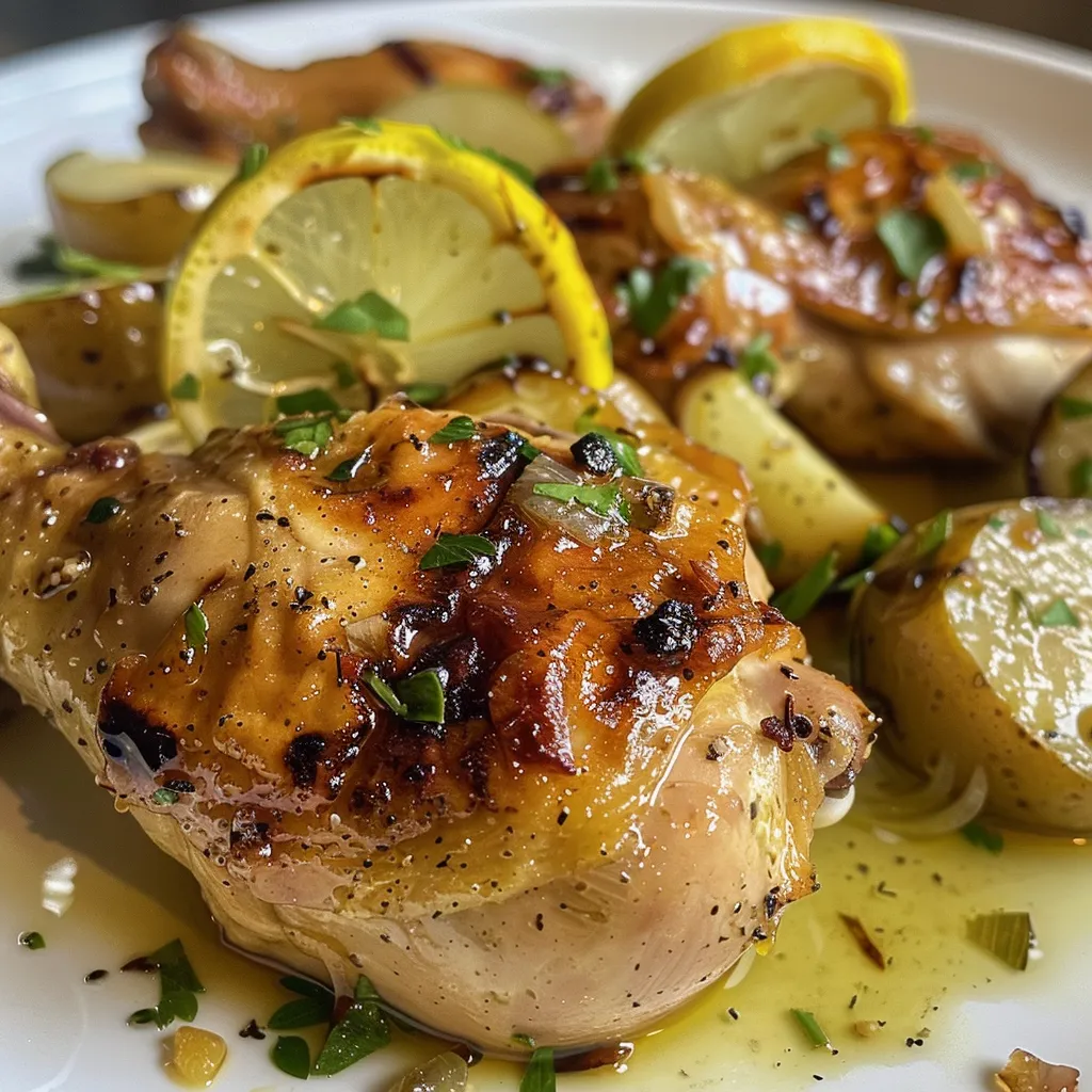 Pollito en Salsa de Limón presentado con hierbas frescas y rodajas de limón.