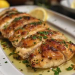 Pechuga de pollo jugosa en mantequilla de ajo, vista lateral.