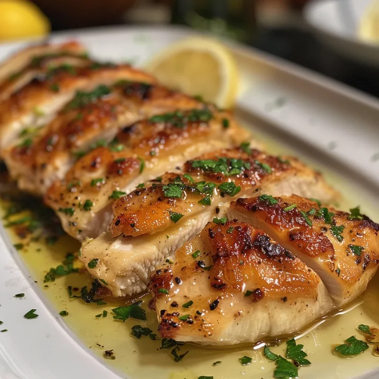 Pechuga de pollo jugosa en mantequilla de ajo, vista lateral.