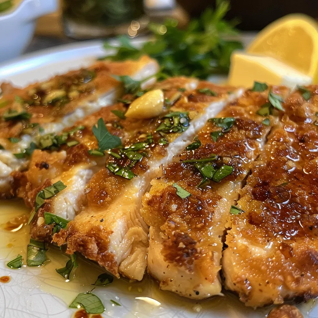 Pollo al ajo mantequilla servido en un plato, con un fondo desenfocado.