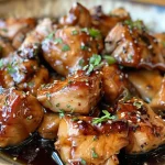 Primer plano de pollo teriyaki jugoso con salsa brillante.