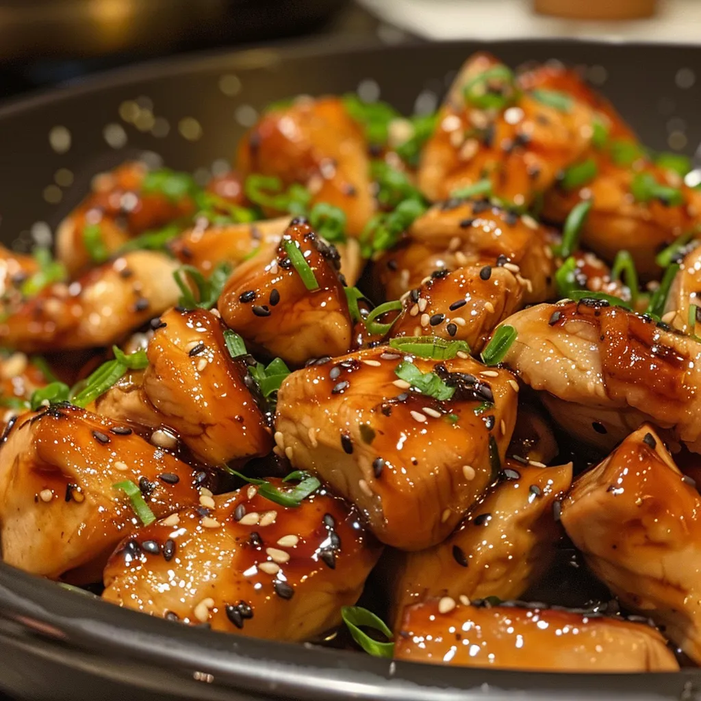 Vista lateral de trozos de pollo teriyaki con ingredientes frescos.