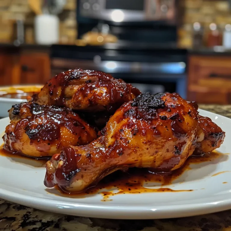 Tierno pollo BBQ con especias visibles y salsas brillantes.