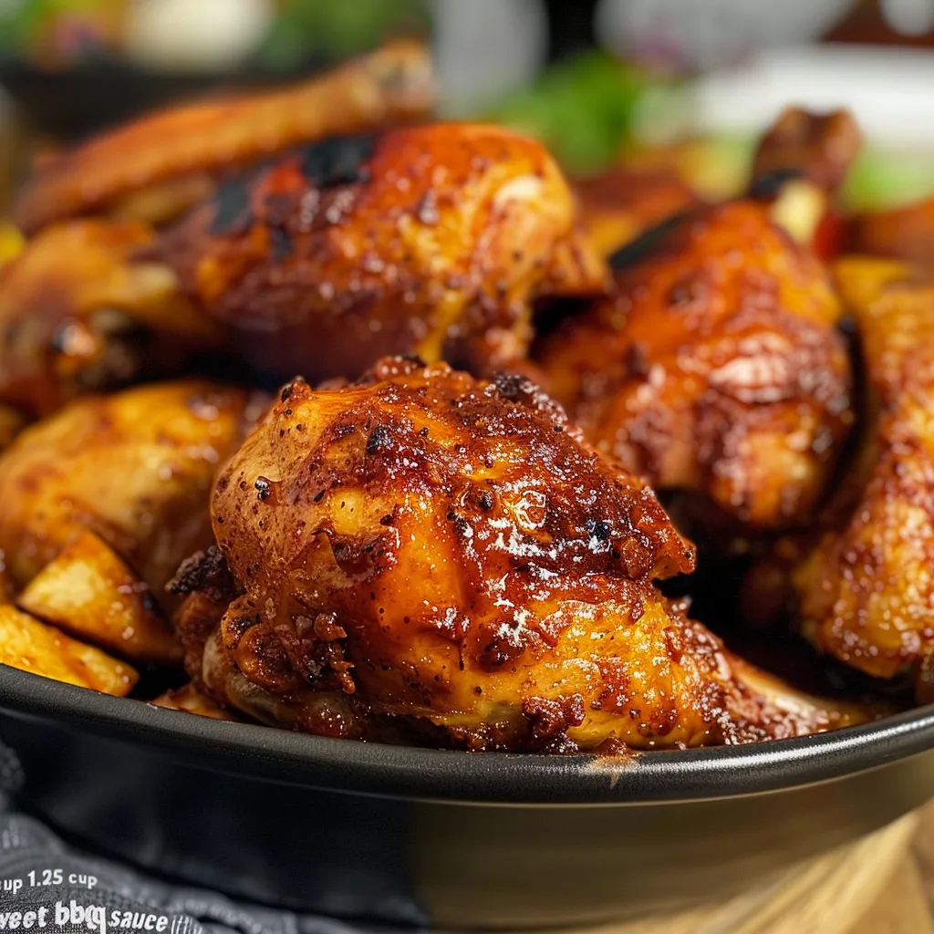 Muslos de pollo cocinados con ahumado, presentados en un plato.