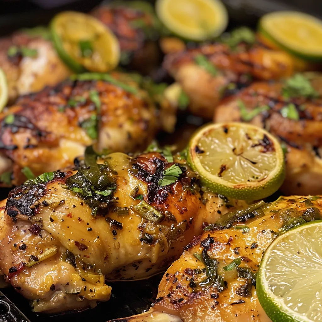 Plato de pollo a la parrilla decorado con rodajas de cítricos y hierbas.
