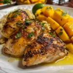 Detailed image of Pollo al coco served with vibrant mango sauce.