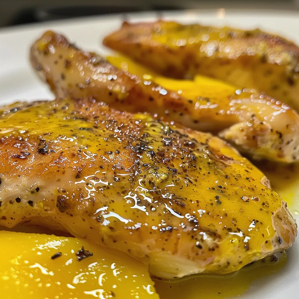 Tantalizing chicken fillets with a mango chipotle glaze, presented on a plate.