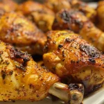 Vista lateral de pollo al horno, crujiente por fuera y tierno por dentro.