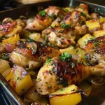 Pollo al horno con finas hierbas, con rodajas de limón y cebolla visible en el plato.