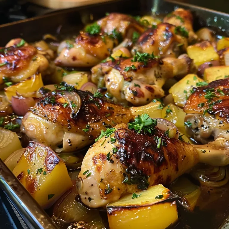Pollo al horno con finas hierbas, con rodajas de limón y cebolla visible en el plato.