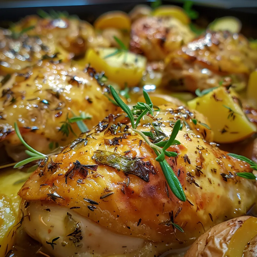Primer plano de un Pollo al horno, resaltando su textura jugosa y guarnición de patatas.