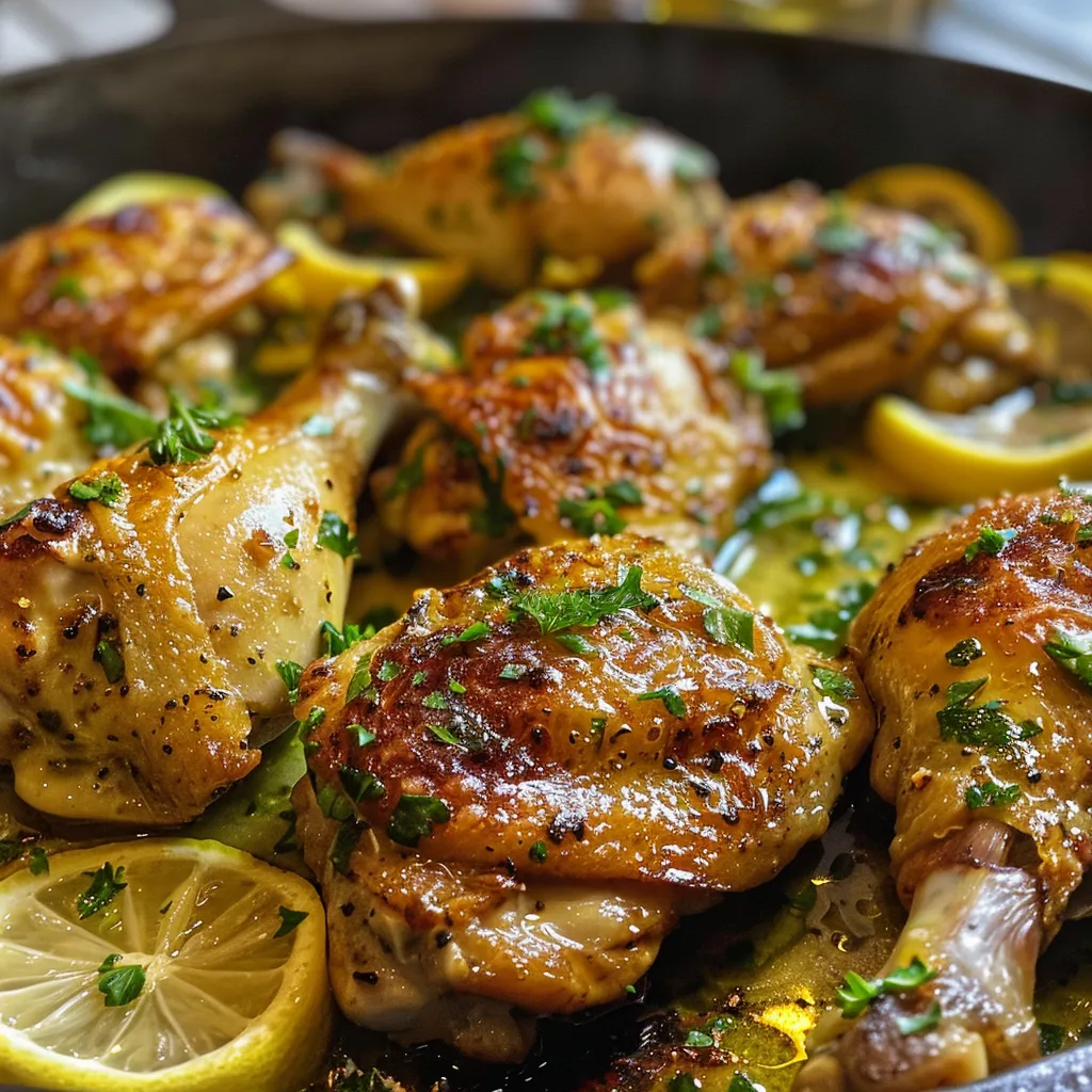 Pollo al horno jugoso con papas y un toque de tomillo fresco.