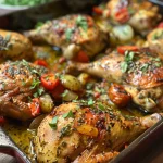 Imagen de Pollo al horno con coloridos pimientos y cebolla sobre una cama de patatas.