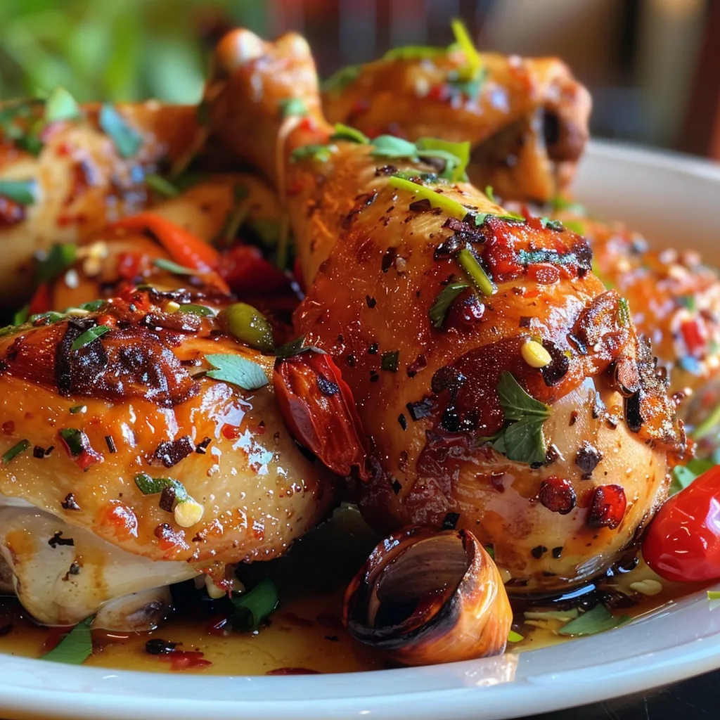 Vista detallada de Pollo al horno, mostrando el dorado de la carne y los vegetales.
