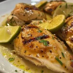 Vista lateral de un platillo de Pollo al limón con alcaparras.