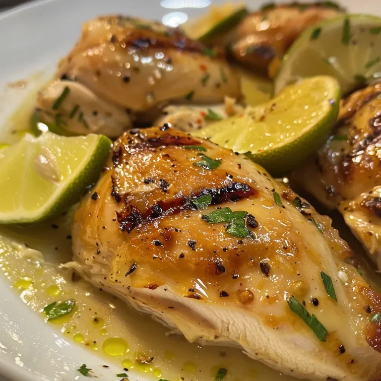 Vista lateral de un platillo de Pollo al limón con alcaparras.