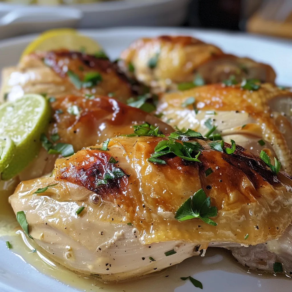 Pollo al limón con alcaparras decorado con perejil fresco.