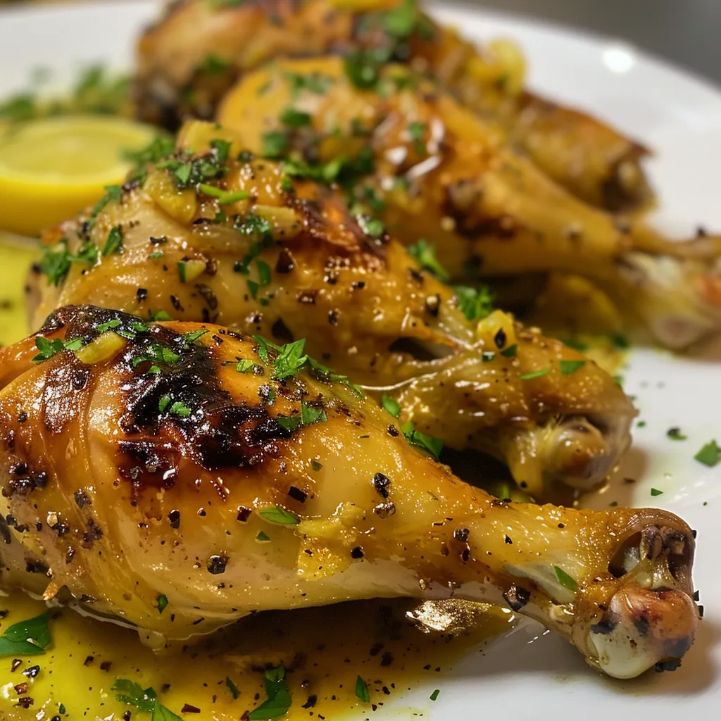 Corte de pollo dorado, con hierbas y cítricos en una mesa.