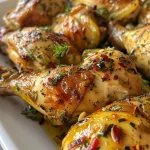 Vista lateral de un pollo entero asado rodeado de papas al romero.