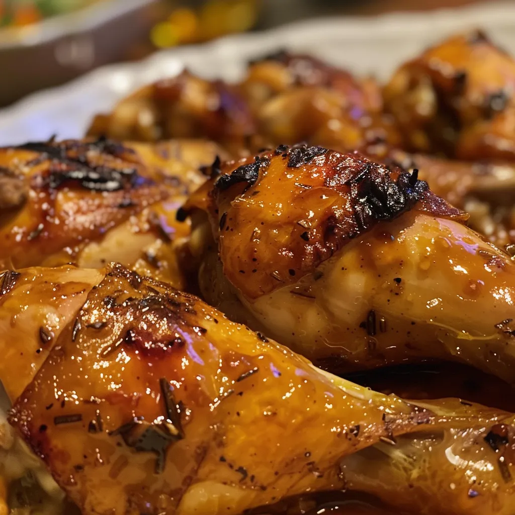 Pollo asado jugoso con ramitas de romero y papas al horno.