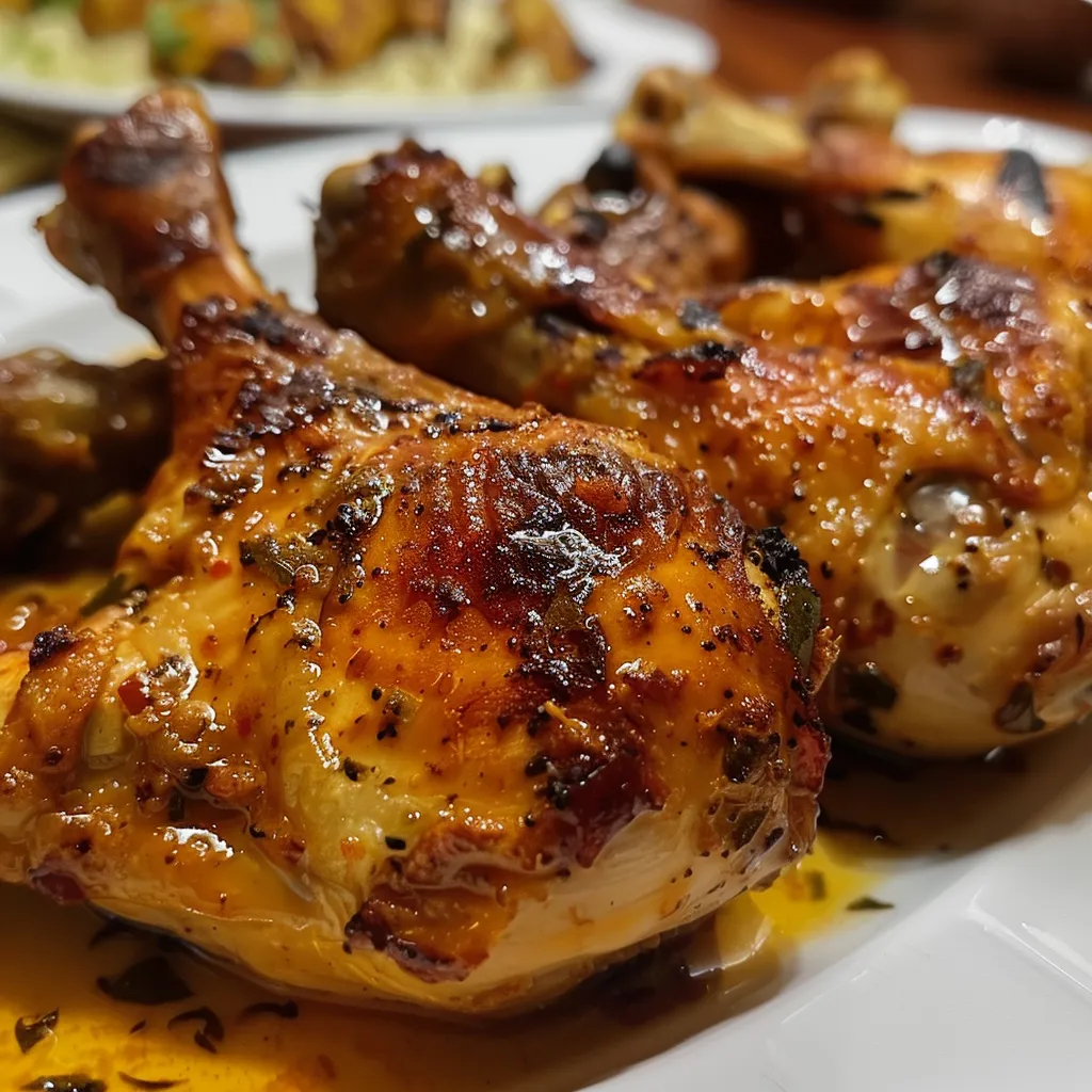 Porción de pollo asado marroquí con hierbas frescas.