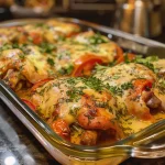 Pollo con calabacín al horno, con queso derretido y especias visibles.