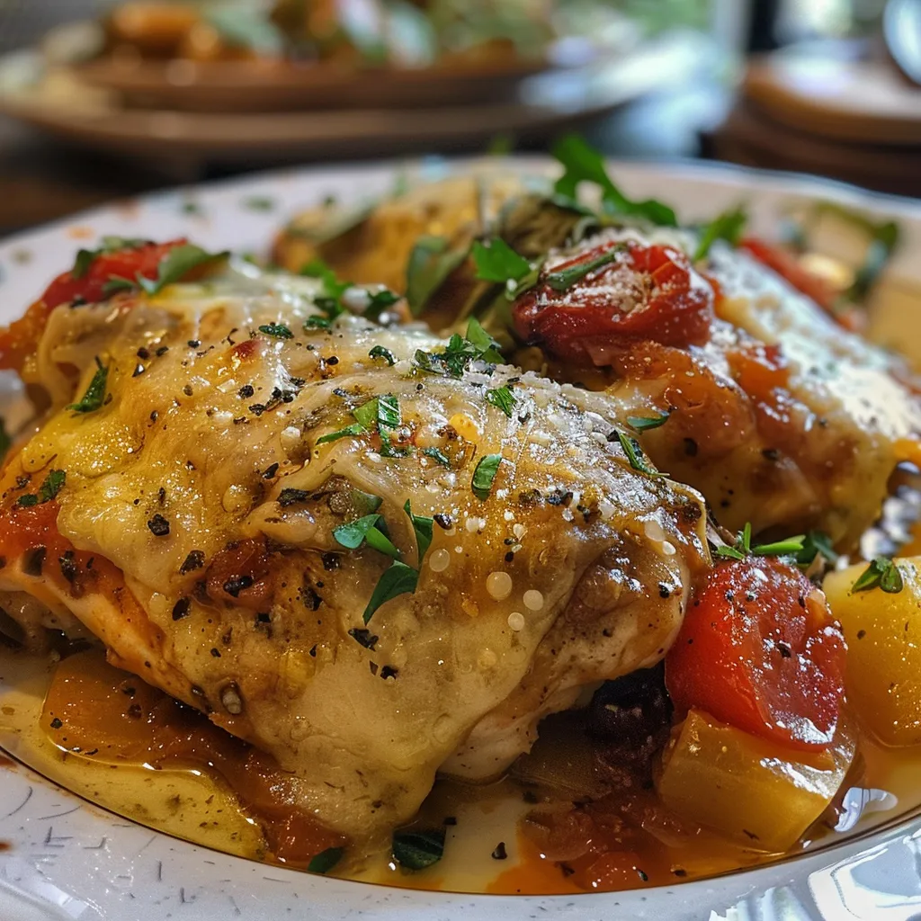 Placa de pollo al horno con calabacín y tomate triturado.