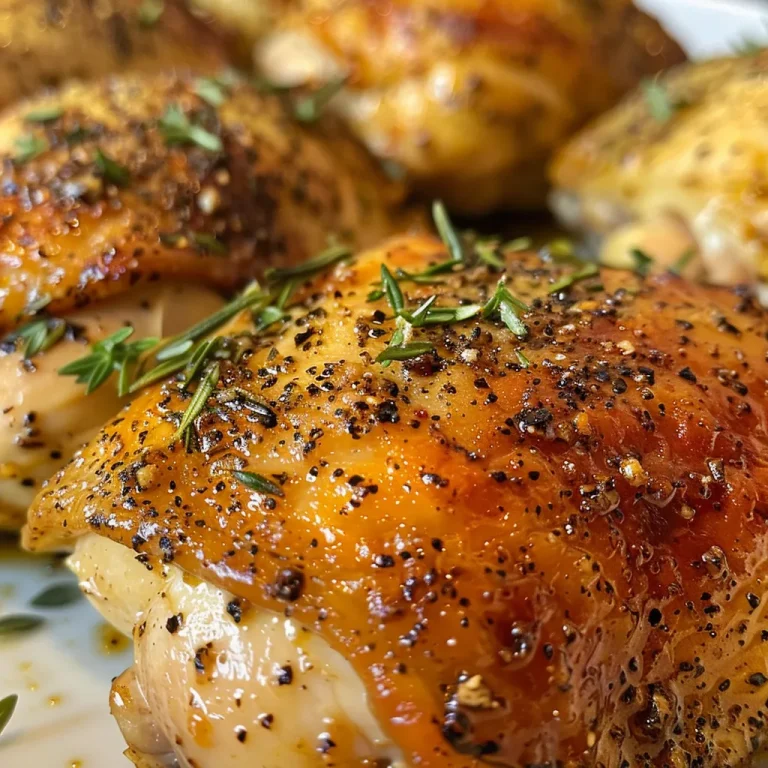 Vista lateral de pollo cocinado, marinada con hierbas y rodajas de limón.