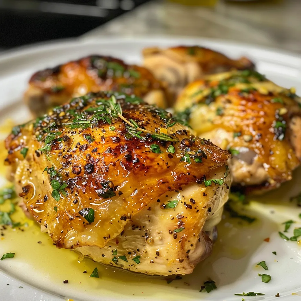 Placa de pollo con un acabado dorado, decorada con hierbas frescas y limón.