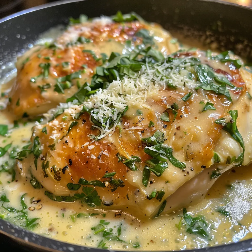 Pollo con espinacas y queso parmesano en un plato.