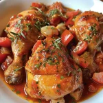 Close up de un apetitosa receta de Pollo con Tomate, con detalles de ingredientes.