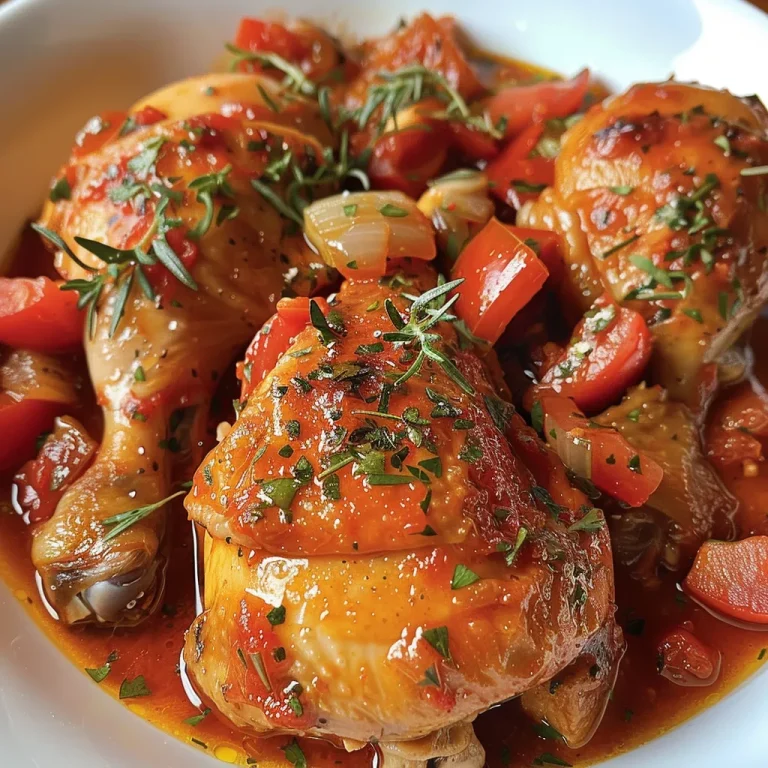 Close up de un apetitosa receta de Pollo con Tomate, con detalles de ingredientes.