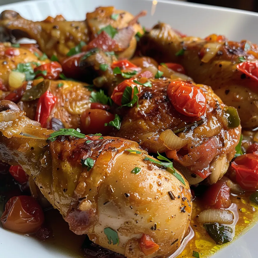 Imagen detallada de Pollo con Tomate, con tomates triturados y hierbas visibles.